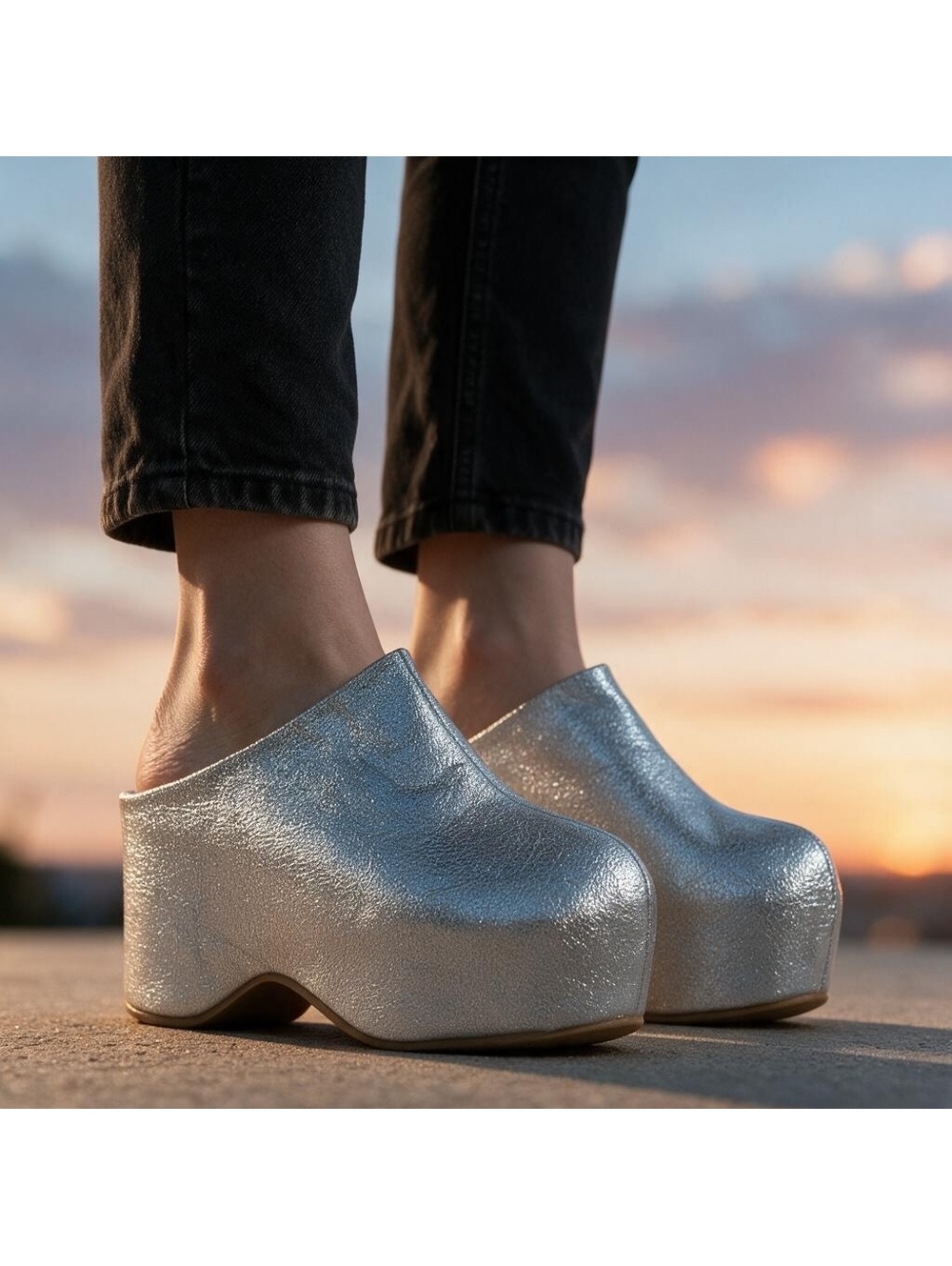 Azalea Wang Lizzy Silver Metallic Platform Clogs Slip On Sculptural Mules Size 7